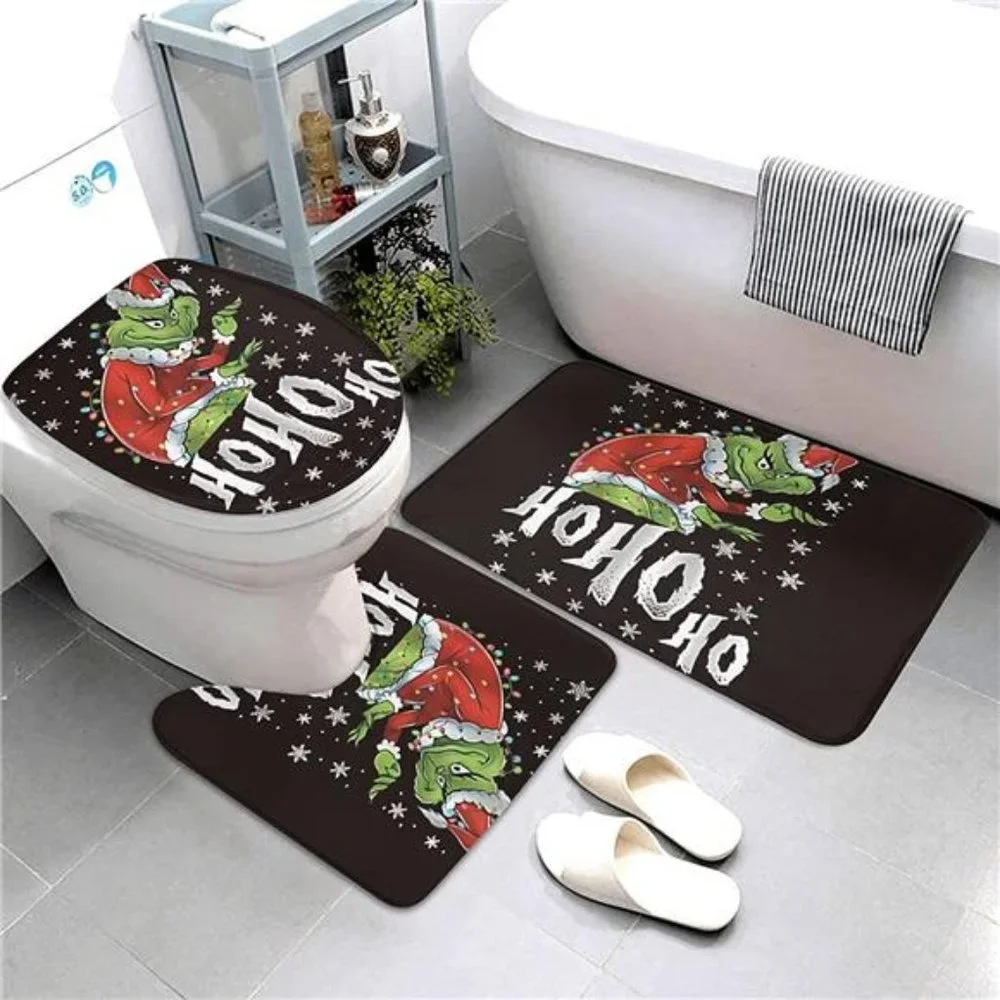 4 Pcs The Grinch Christmas Shower Curtain Set, Toilet Cover and Bath Mat 72x72